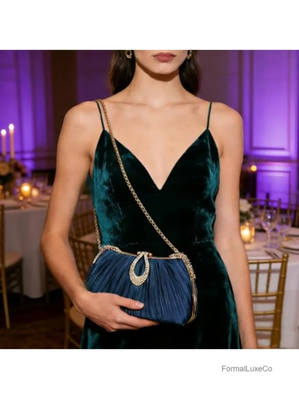 Pleated Satin Clutch Evening Bag with Rhinestone Clasp Detachable Chain Formal